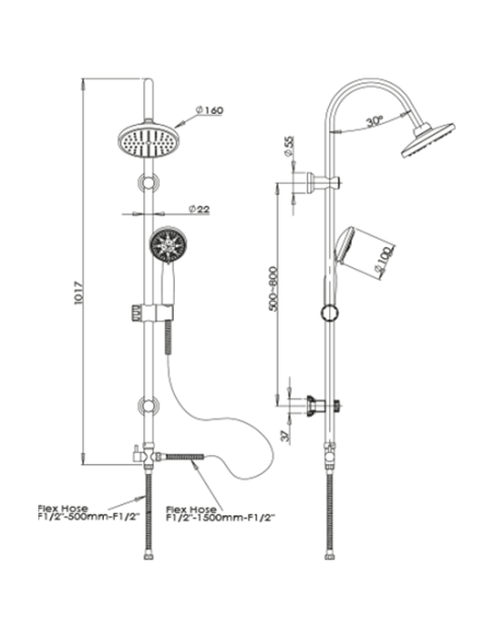 Colonna doccia Piralla serie Roma regolabile a fori esistenti con deviatore meccanico 0RM00846B16 - Kallea