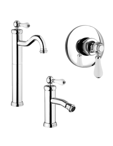 Set Rubinetti Jacuzzi per lavabo alto e bidet con pilette click clack incluse e doccia incasso serie Vintage cromato - Kallea