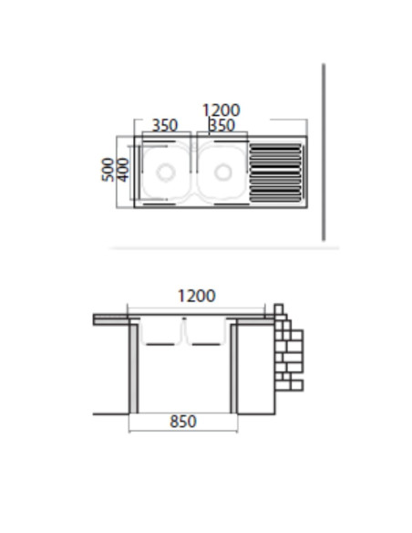 Lavello appoggio 50 series 120x50 cm 2 vasche SA127 destro - Kallea