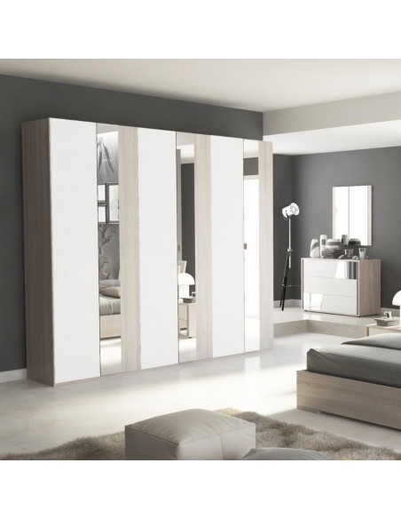 Camera da letto Denise bianco olmo e armadio con specchi - Kallea