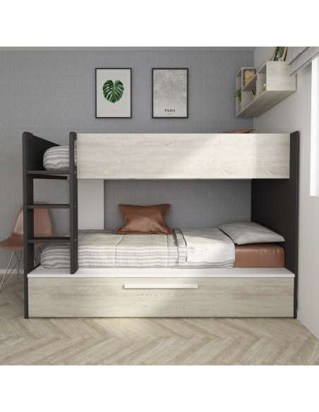 Cameretta con letto a castello con letto estraibile colore bianco consumato e antracite reversibile - Kallea