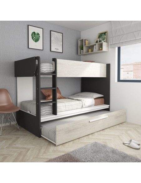 Cameretta con letto a castello con letto estraibile colore bianco consumato e antracite reversibile - Kallea