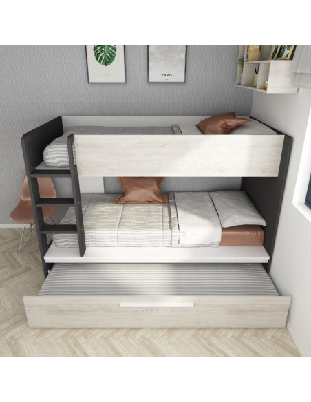 Cameretta con letto a castello con letto estraibile colore bianco consumato e antracite reversibile - Kallea