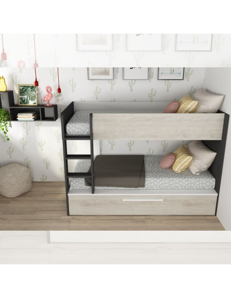 Cameretta con letto a castello con letto estraibile colore bianco consumato e antracite reversibile - Kallea