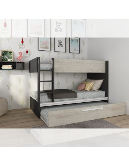 Cameretta con letto a castello con letto estraibile colore bianco consumato e antracite reversibile - Kallea