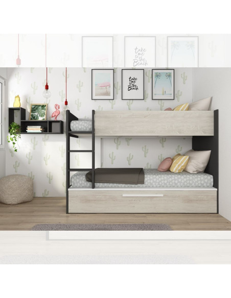 Cameretta con letto a castello con letto estraibile colore bianco consumato e antracite reversibile - Kallea