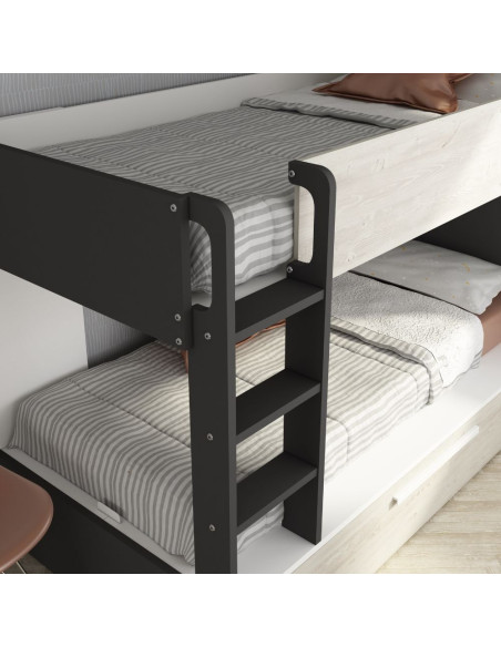 Cameretta con letto a castello con letto estraibile colore bianco consumato e antracite reversibile - Kallea