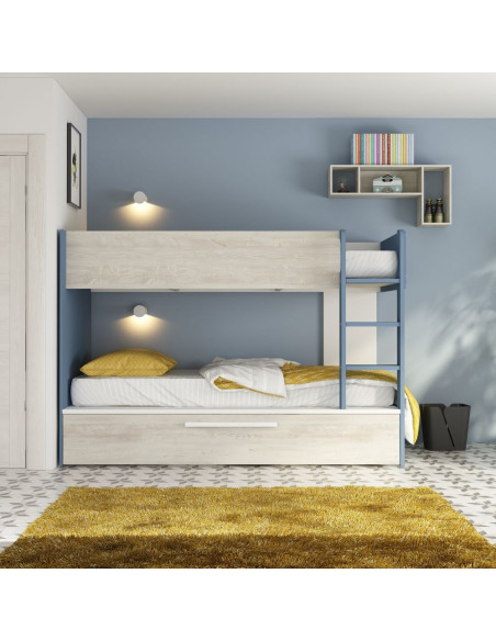 Cameretta con letto a castello con letto estraibile colore bianco consumato e azzurro reversibile - Kallea