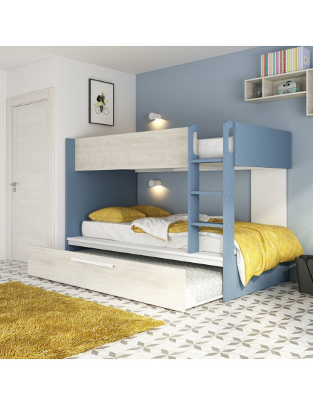Cameretta con letto a castello con letto estraibile colore bianco consumato e azzurro reversibile - Kallea