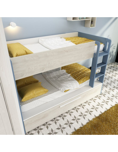 Cameretta con letto a castello con letto estraibile colore bianco consumato e azzurro reversibile - Kallea