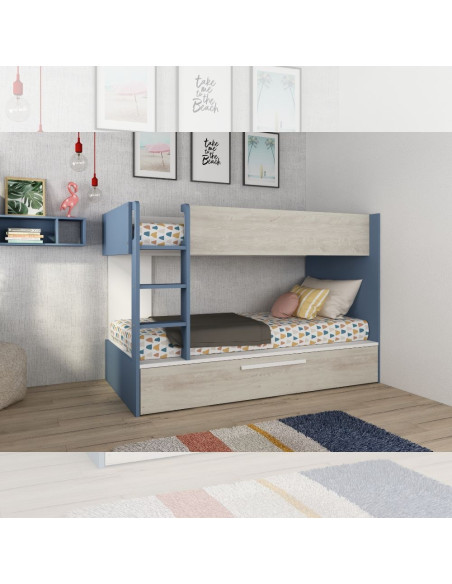 Cameretta con letto a castello con letto estraibile colore bianco consumato e azzurro reversibile - Kallea