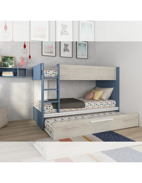 Cameretta con letto a castello con letto estraibile colore bianco consumato e azzurro reversibile - Kallea