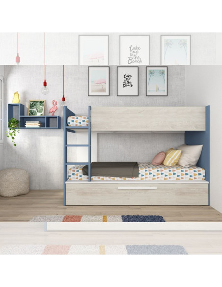 Cameretta con letto a castello con letto estraibile colore bianco consumato e azzurro reversibile - Kallea