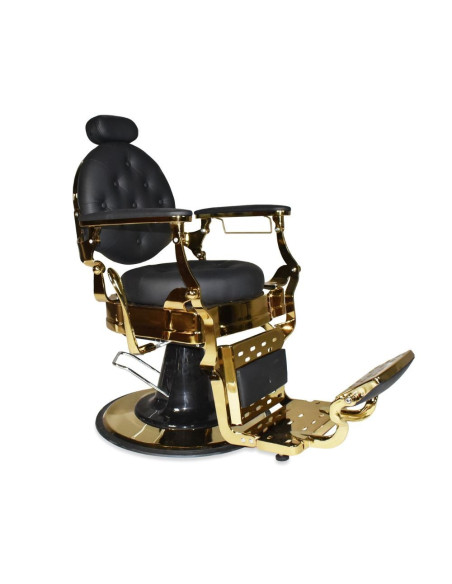 Poltrona da barbiere Ultron reclinabile in ecopelle nero con braccioli e struttura cromata oro lucido - Kallea