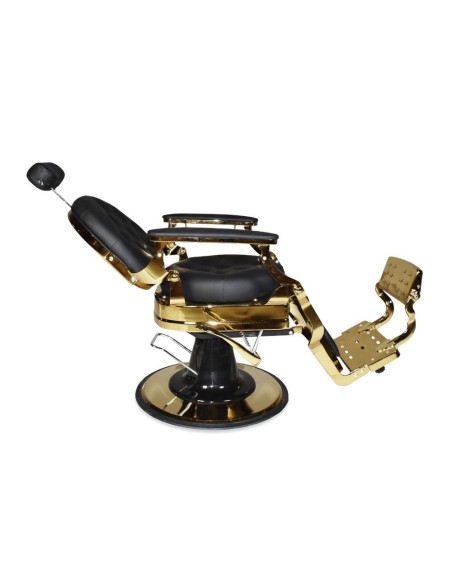 Poltrona da barbiere Ultron reclinabile in ecopelle nero con braccioli e struttura cromata oro lucido - Kallea