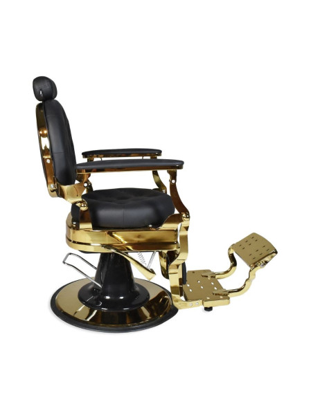 Poltrona da barbiere Ultron reclinabile in ecopelle nero con braccioli e struttura cromata oro lucido - Kallea