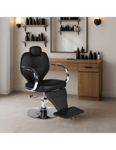 Poltrona da barbiere Bobo reclinabile in ecopelle nero con braccioli e struttura in acciaio cromato lucido - Kallea
