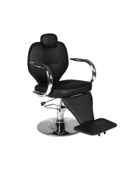 Poltrona da barbiere Bobo reclinabile in ecopelle nero con braccioli e struttura in acciaio cromato lucido - Kallea