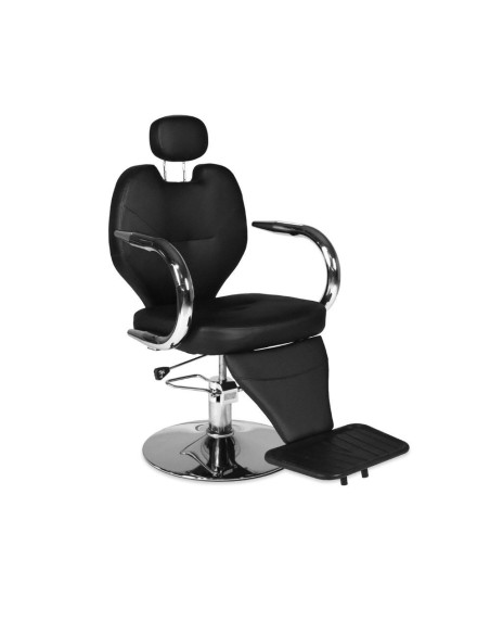 Poltrona da barbiere Bobo reclinabile in ecopelle nero con braccioli e struttura in acciaio cromato lucido - Kallea