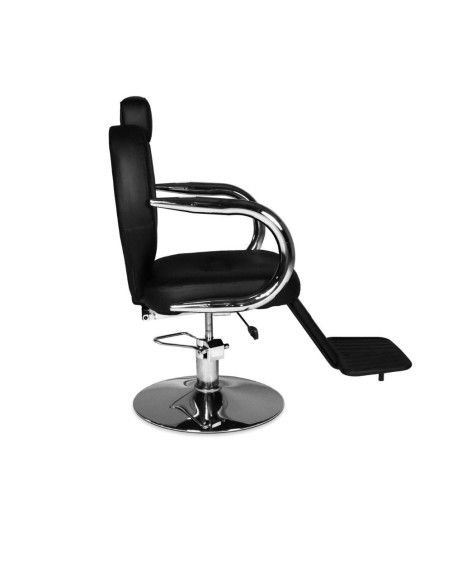 Poltrona da barbiere Bobo reclinabile in ecopelle nero con braccioli e struttura in acciaio cromato lucido - Kallea