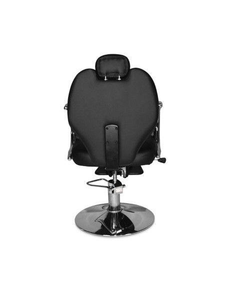 Poltrona da barbiere Bobo reclinabile in ecopelle nero con braccioli e struttura in acciaio cromato lucido - Kallea