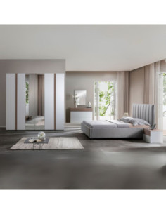 Camera da letto Amor con armadio 6 ante con specchio e letto imbottito con contenitore colore bianco e dettagli grigio - Kallea
