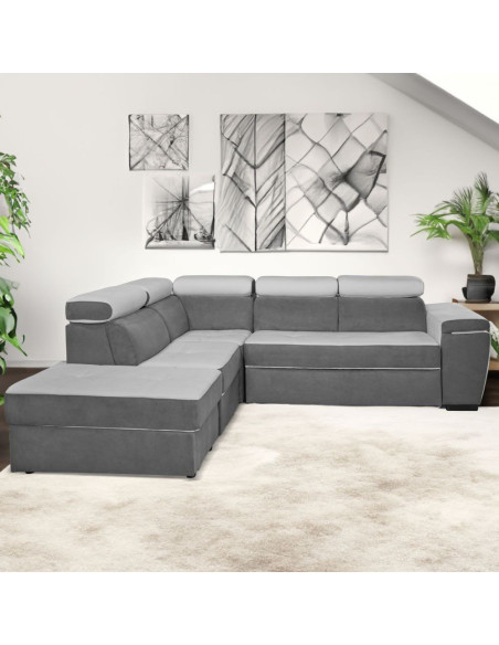 Divano Kutri penisola letto e contenitore bicolore Luna24 grigio elephant e Luna19 grigio chiaro - Kallea