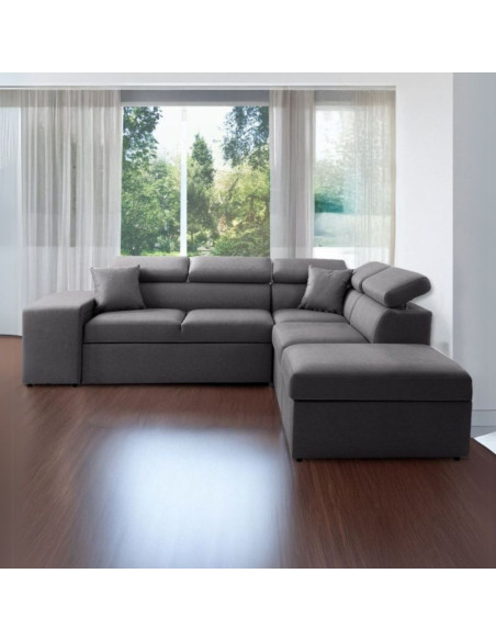 Divano letto angolare reversibile New Belen con contenitore e 2 pouff estraibili in tessuto Degas 92 grigio scuro - Kallea