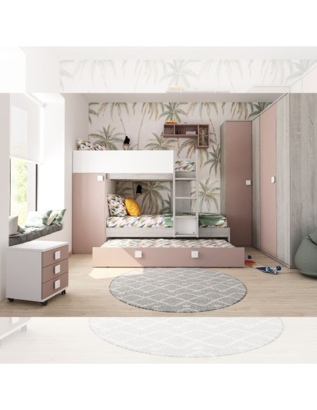 Cameretta con letto a castello e letto estraibile con armadio integrato colore bianco consumato e rosa antico reversibile - K...