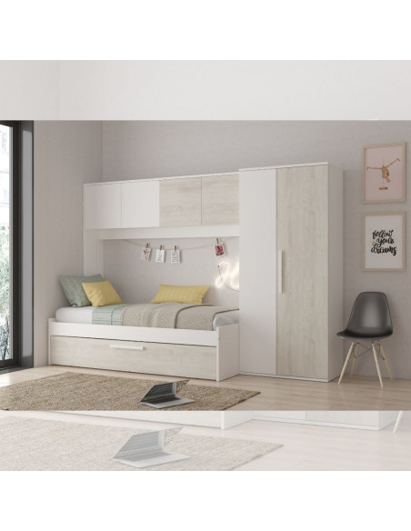 Cameretta a ponte 6006 con letto estraibile e armadio colore bianco consumato e bianco reversibile - Kallea