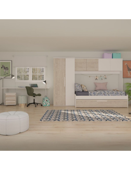 Cameretta a ponte 6006 con letto estraibile e armadio colore bianco consumato e bianco reversibile - Kallea