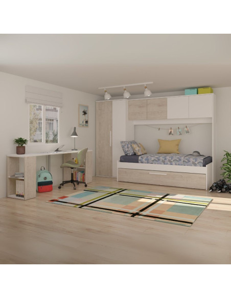 Cameretta a ponte 6006 con letto estraibile e armadio colore bianco consumato e bianco reversibile - Kallea