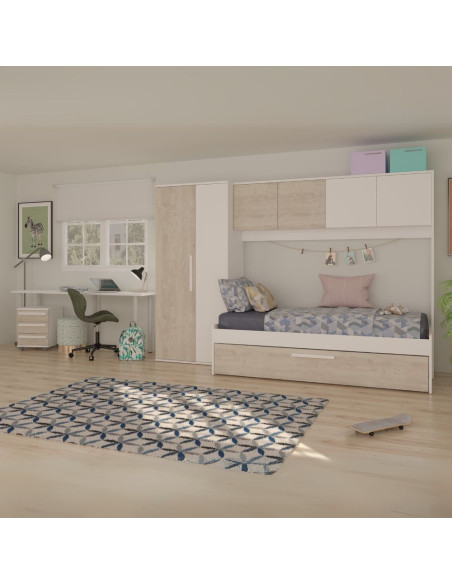 Cameretta a ponte 6006 con letto estraibile e armadio colore bianco consumato e bianco reversibile - Kallea