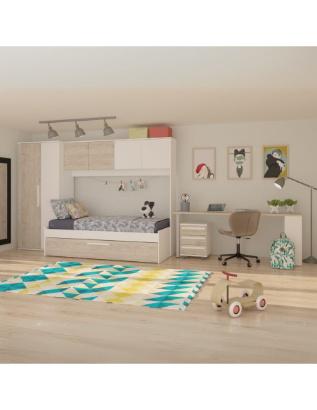 Cameretta a ponte 6006 con letto estraibile e armadio colore bianco consumato e bianco reversibile - Kallea
