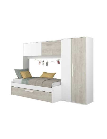 Cameretta a ponte 6006 con letto estraibile e armadio colore bianco consumato e bianco reversibile - Kallea