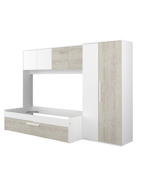 Cameretta a ponte 6006 con letto estraibile e armadio colore bianco consumato e bianco reversibile - Kallea
