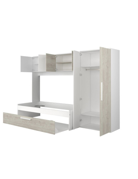 Cameretta a ponte 6006 con letto estraibile e armadio colore bianco consumato e bianco reversibile - Kallea