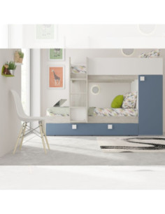 Cameretta con letto a castello e letto estraibile con armadio integrato colore bianco consumato e azzurro reversibile - Kallea 2