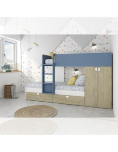Cameretta con letto a castello con cassettoni e armadio reversibile colore rovere e azzurro - Kallea 2