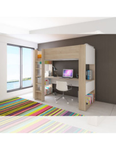 Cameretta 1652 con letto a soppalco e scrivania sottostante colore bianco e rovere - Kallea