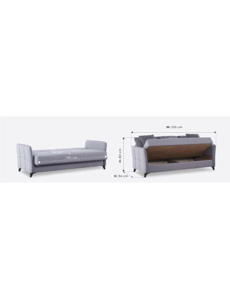 Divano letto contenitore Panama 3 posti colore grigio chiaro 51-002 e cuscini grigio scuro - Kallea