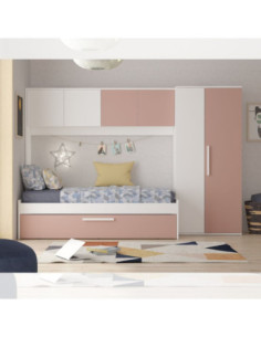 Cameretta a ponte 6007 con letto estraibile e armadio colore bianco e rosa antico reversibile - Kallea