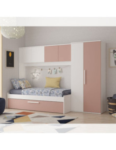 Cameretta a ponte 6007 con letto estraibile e armadio colore bianco e rosa antico reversibile - Kallea 2