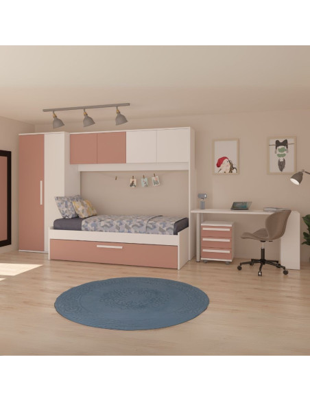 Cameretta a ponte 6007 con letto estraibile e armadio colore bianco e rosa antico reversibile - Kallea