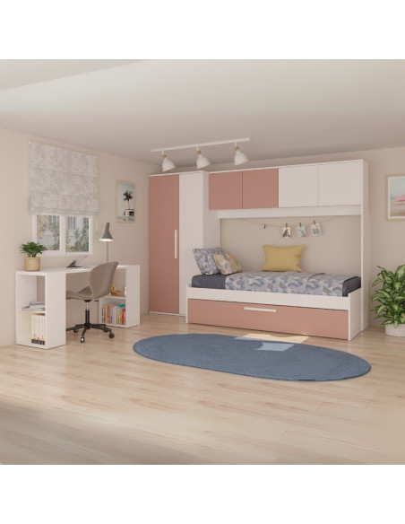 Cameretta a ponte 6007 con letto estraibile e armadio colore bianco e rosa antico reversibile - Kallea