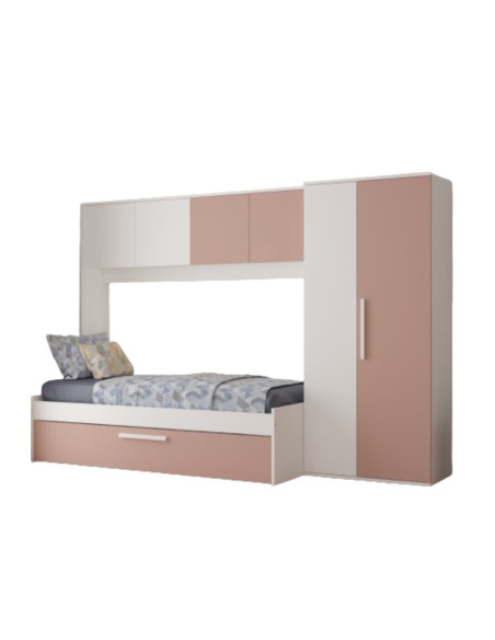 Cameretta a ponte 6007 con letto estraibile e armadio colore bianco e rosa antico reversibile - Kallea