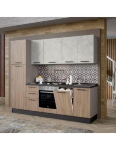 Cucina Licola 255x216H reversibile colore noce chiaro e pensili spatolato con lavastoviglie - Kallea