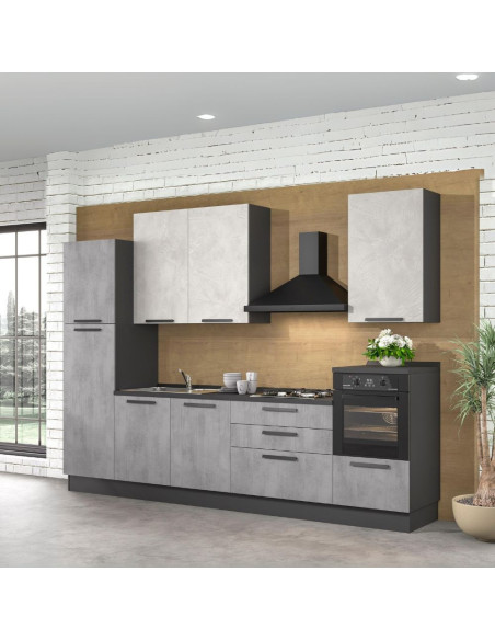 Cucina Sinki reversibile 330x216/240 H con cassa colore antracite basi ossido e pensili spatolato con lavastoviglie - Kallea