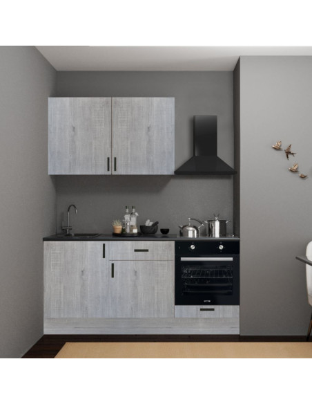 Cucina Asti 180 cm. reversibile elettrodomestici inclusi colore rovere grigio chiaro e maniglie in metallo nero - Kallea