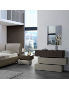 Camera da letto Kendra con letto contenitore imbottito e armadio 2 ante scorrevoli con specchi colore tortora noce - Kallea 2